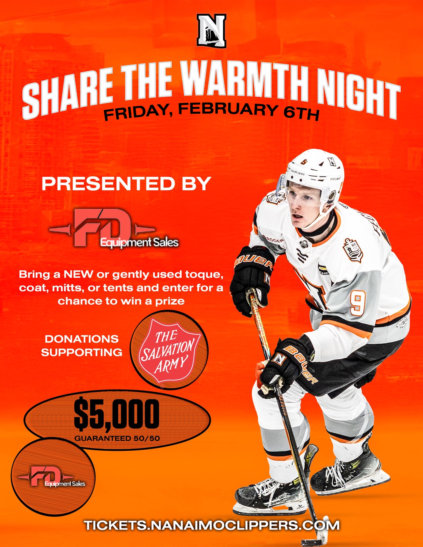 This Friday is Share The Warmth night with ANOTHER guaranteed 50/50 jackpot‼️

🎟️ tickets.nanaimoclippers.com 

#BleedOrange