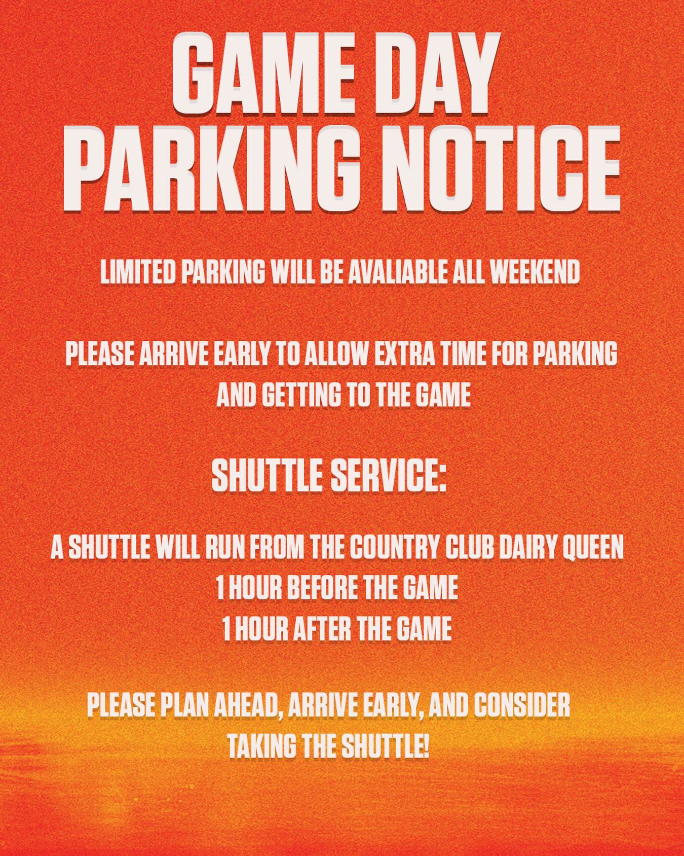 🚨GAME DAY PARKING INFO🚨

The free shuttle will run from @dairyqueencountryclub 

#OurTownOurTide