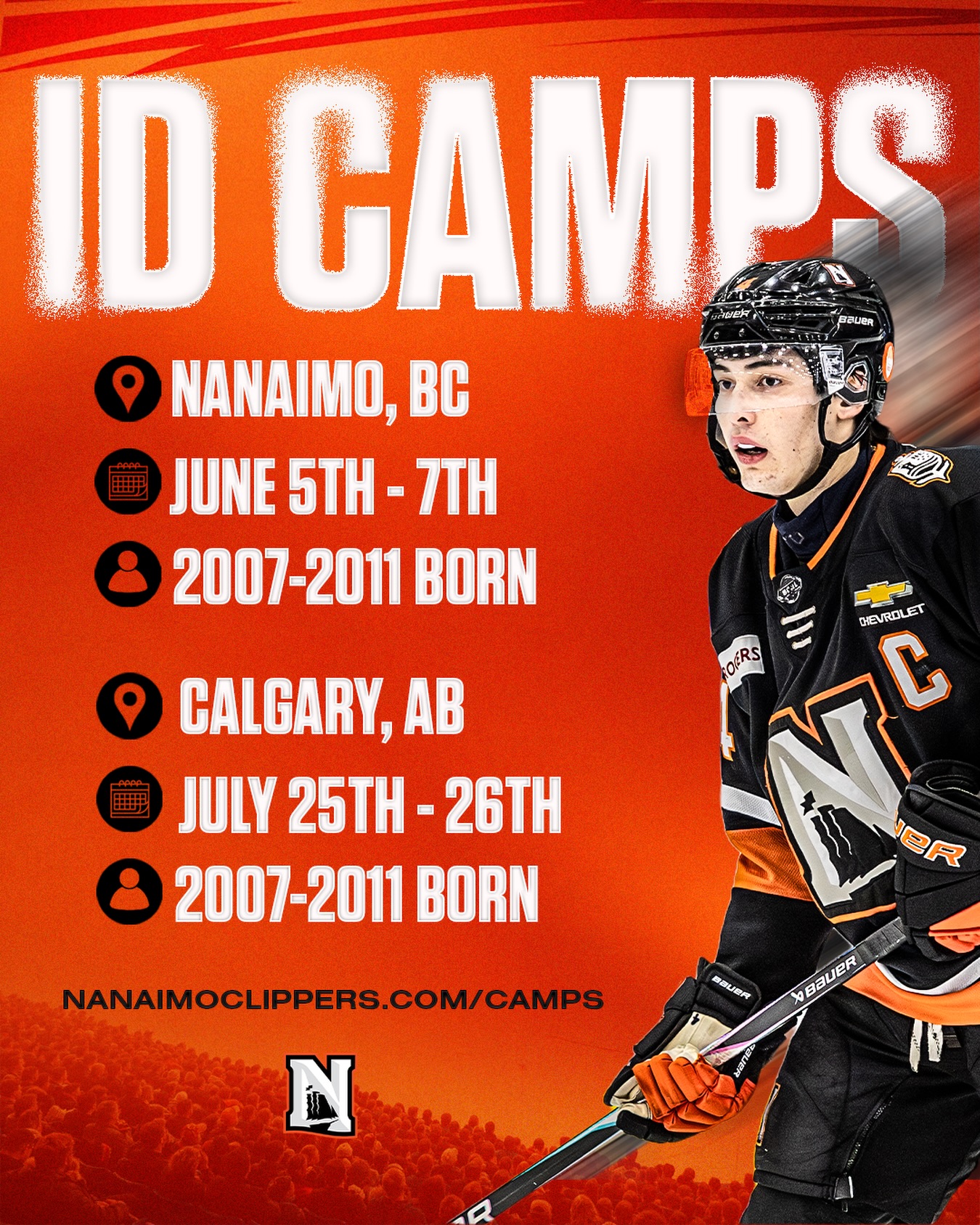 ID Camps are back 🔥

📍 Nanaimo — June 5–7
📍 Calgary — July 25–26

Players born 2007–2011
Register now: nanaimoclippers.com/camps

#BleedOrange